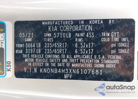 2022 Kia Carnival Mpv Lx Seat Package from USA, damaged, VIN KNDNB4H3XN6107681